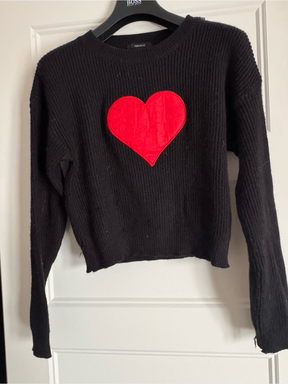 Forever 21 Black Ribbed Crewneck Sweater with Red Heart